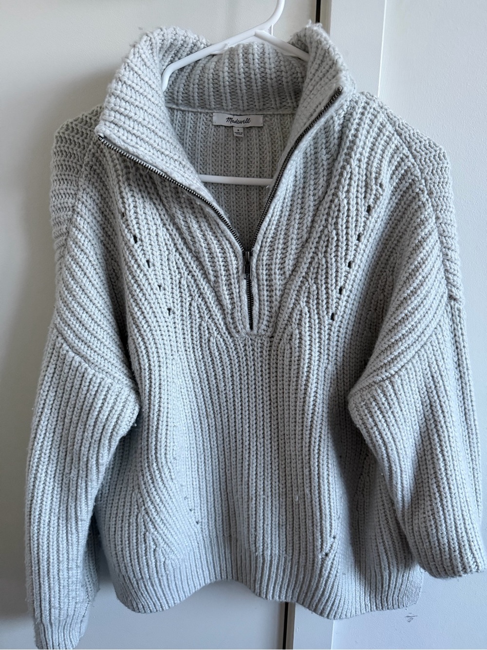 Madewell Light Gray Zip-Front Chunky Knit Turtleneck Sweater
